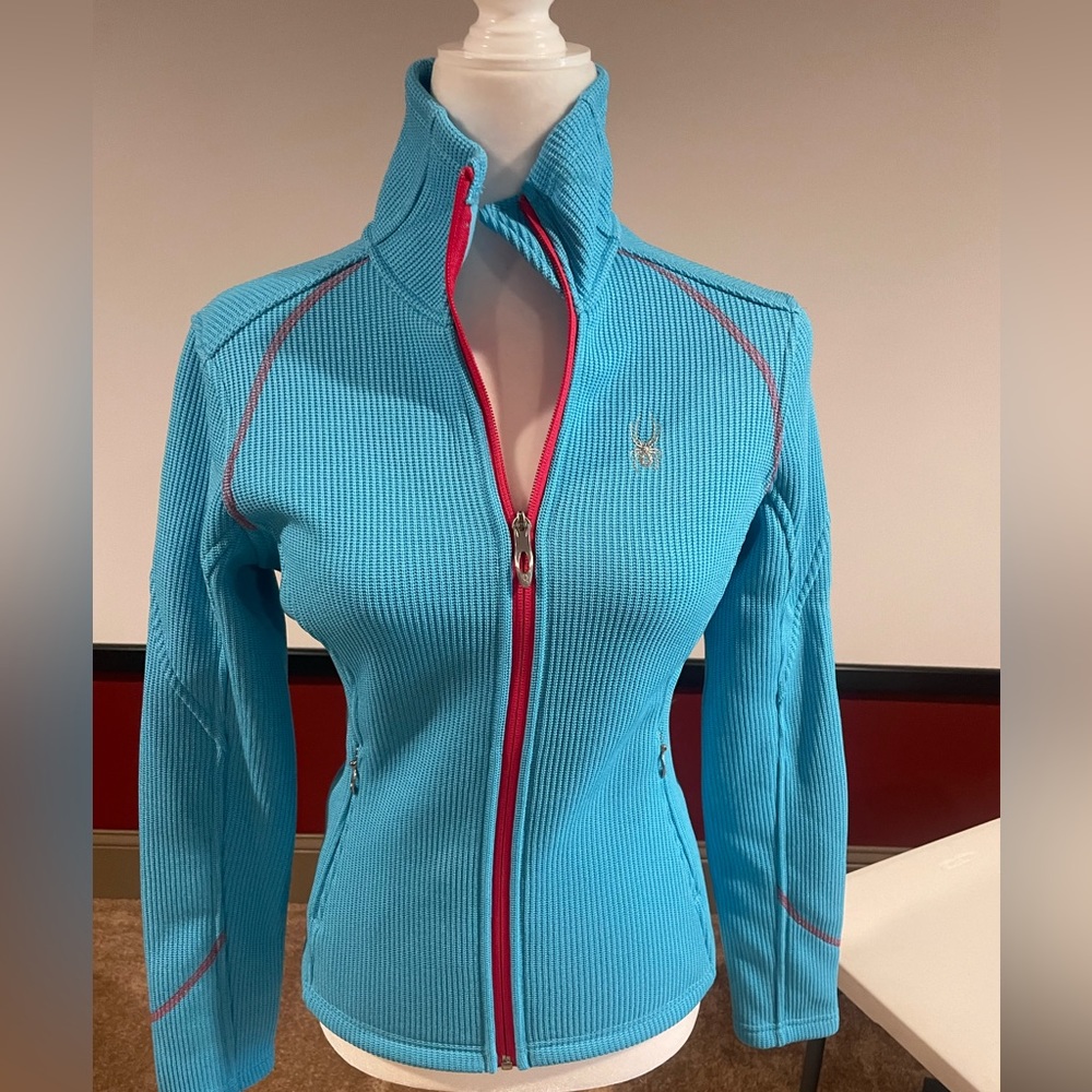 Spyder core sweater. Turquoise hot pink piping. Small